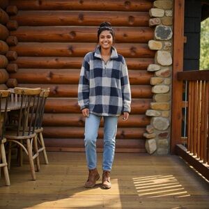 ZESICA Blue Plaid Long Sleeve Womend 1/2 Zipper Fleece Sweatshirt XL,Faux Lined